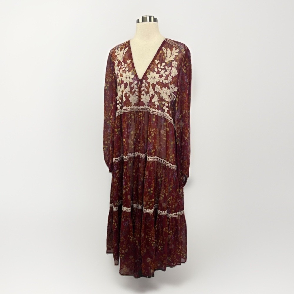 Free People Call On Me Dress Maxi Dress Sz S Embroidered Merlot Festival Boho - Picture 5 of 16